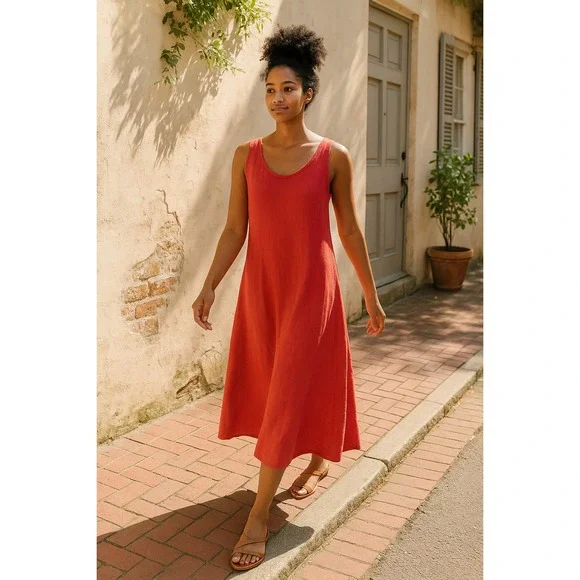 Gaiam Woman's XS Sleeveless Maxi Dress Lagenlook Coral Pink Linen Vacation Dress - Picture 2 of 14